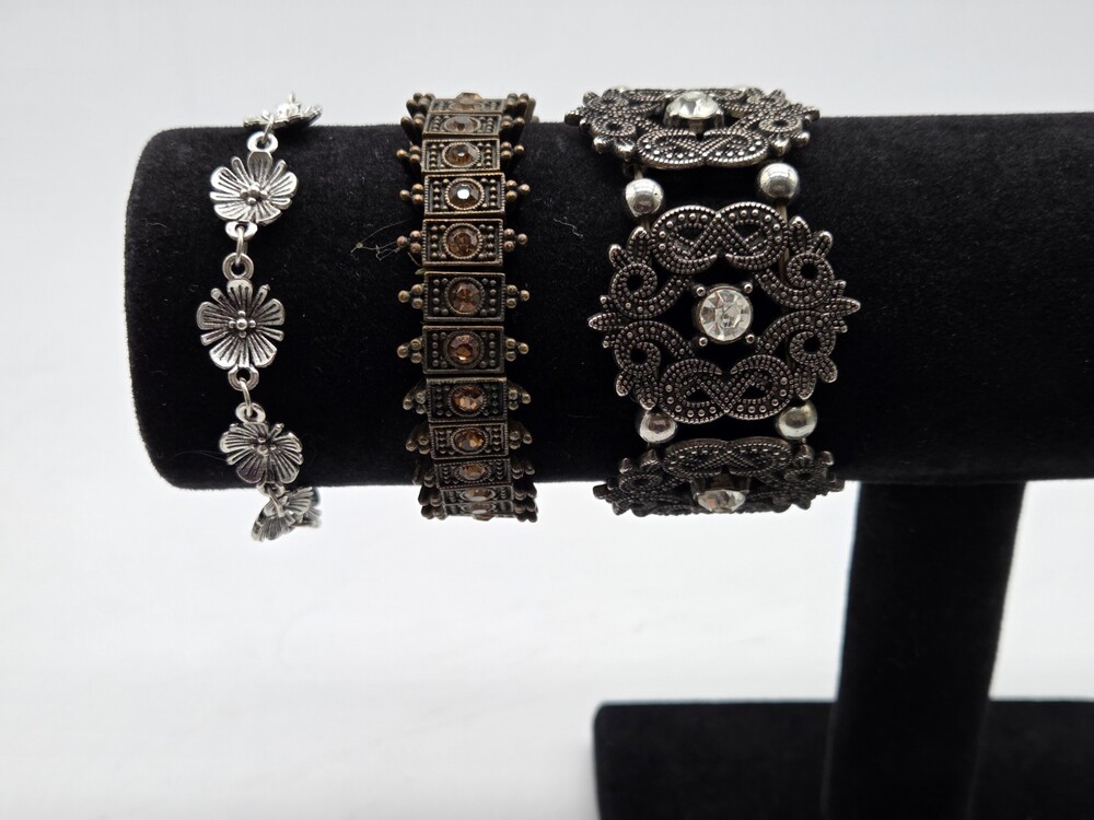 Vintage Bracelet Lot of 3 Silver Tone Floral Amber Rhinestone Stretch Statement